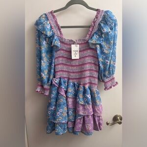 NWT Yvonne  & Love Floral Blue and Purple Ruffle Dress  smock detail Boho Small